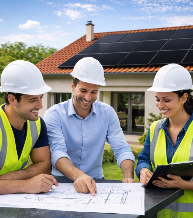 professionnels discutant l'installation de panneaux solaires